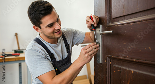 Young locksmith installing new door lock on wooden door during home security upgrade