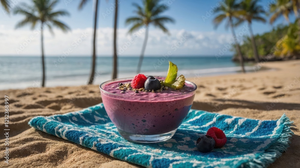 A vibrant smoothie bowl on a beach, surrounded by palm trees and a serene ocean view. A vibrant smoothie bowl on a beach, surrounded by palm trees and a serene ocean view.