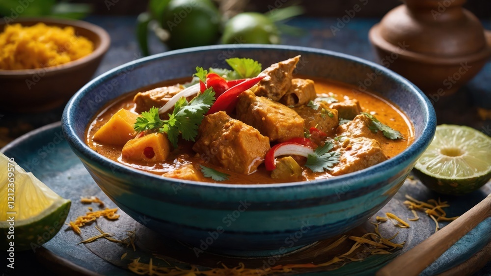 A vibrant bowl of curry with vegetables and herbs, served with lime and rice. A vibrant bowl of curry with vegetables and herbs, served with lime and rice.