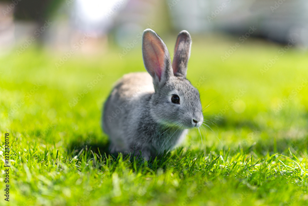 A dwarf rabbit eats grass on a green lawn with a blurred farm background on a bright summer day.Portrait of cute fluffy gray rabbit with ears on a natural green background A dwarf rabbit eats grass on a green lawn with a blurred farm background on a bright summer day.Portrait of cute fluffy gray rabbit with ears on a natural green background
