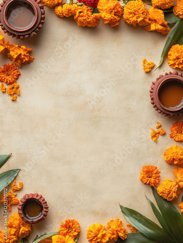 onam ornaments pookolam and marigold garland with empty beige blank space in the middle photo