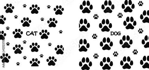 Dog or cat paw print design flat and line icon set. Black vector collection isolated on transparent background. Footprint pet step symbol for animal zoo, vet logo element apps and websites.