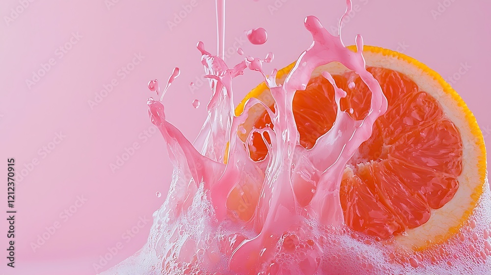 Fototapeta premium Pink grapefruit juice splash, vibrant background, refreshing drink