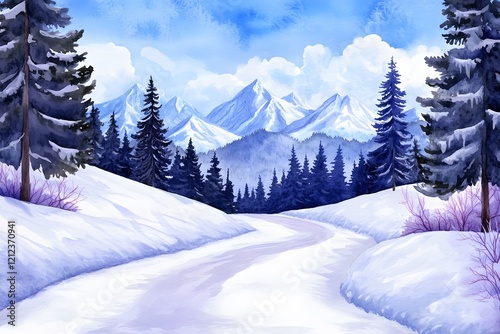 Watercolor painting of snow capped mountains in the distance, with a dense forest on both sides of a snowy path photo