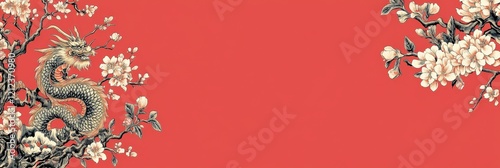 Dragon Amidst Blooming Cherry Blossoms on Red Background