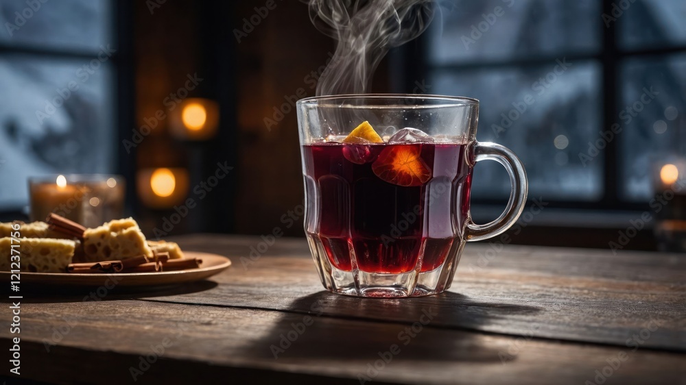 A steaming cup of spiced beverage beside a plate of sweets in a cozy setting. A steaming cup of spiced beverage beside a plate of sweets in a cozy setting.