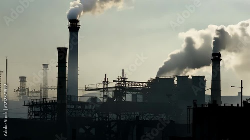 Industrial landscape: smokestacks emitting pollution in urban factory setting