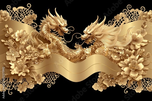 Wallpaper Mural Golden Dragons and Flowers on Black Background Elegant 3D Carving Design Torontodigital.ca