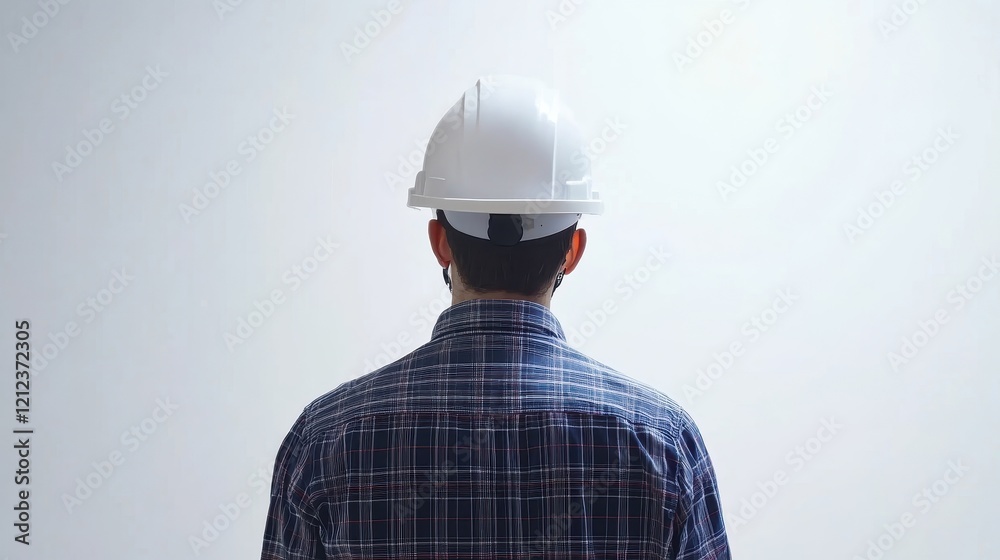 Worker in Hard Hat Facing White Background Worker in Hard Hat Facing White Background