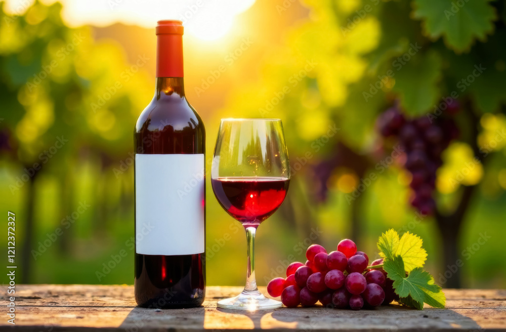 Obraz premium bottle of red wine and glass of wine against the background of vineyards