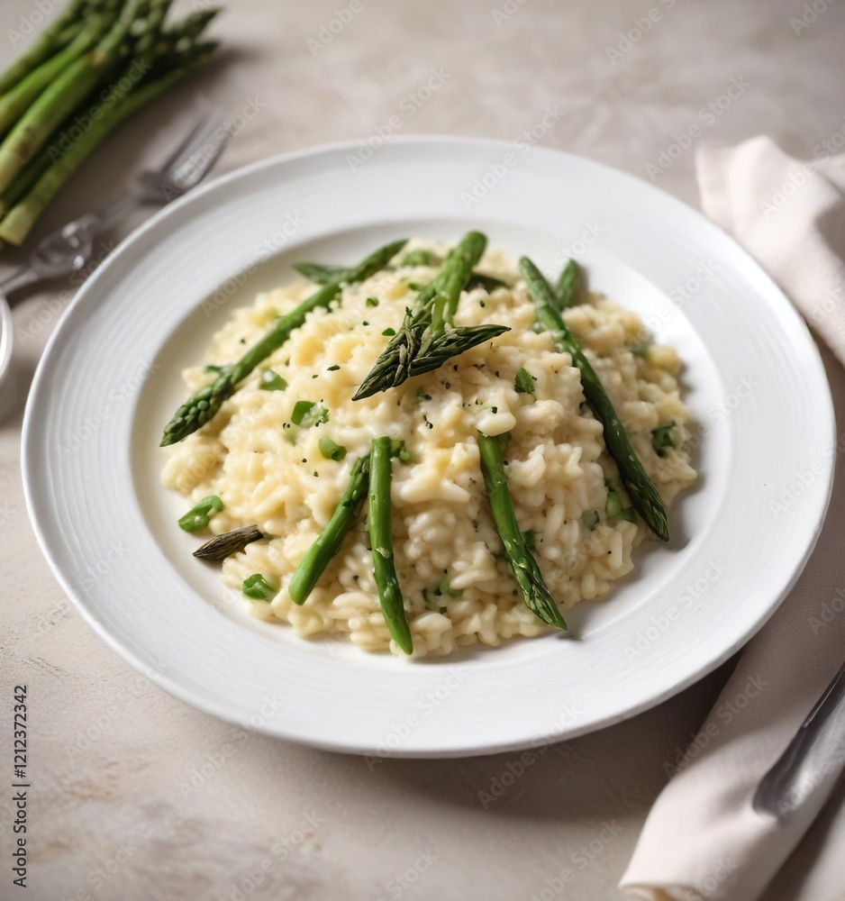 Risotto with asparagus on a clean white plate, food art, vegetable platter, culinary indulgence, dining etiquette, culinary delight Risotto with asparagus on a clean white plate, food art, vegetable platter, culinary indulgence, dining etiquette, culinary delight