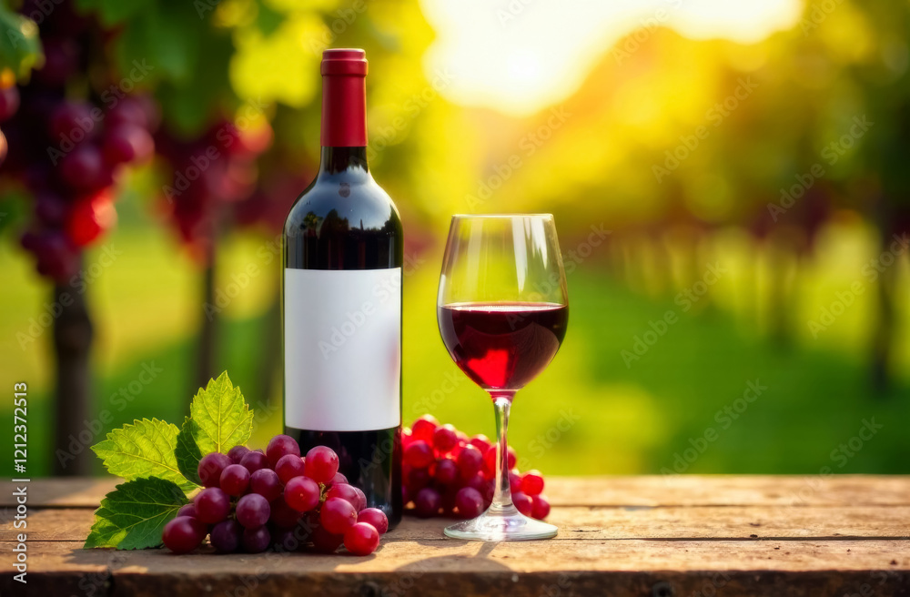 Obraz premium bottle of red wine and glass of wine against the background of vineyards