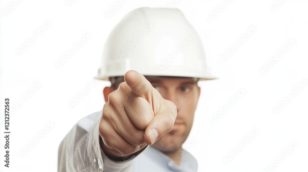 Construction worker pointing with safety helmet on Construction worker pointing with safety helmet on