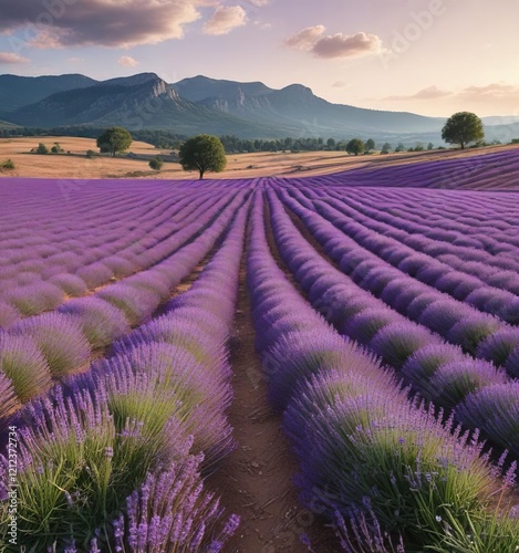 Rolling hills and fields of lavender in the Massif de la Sainte Baume , countryside, fields, landscape