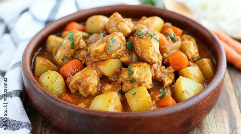 Delicious Chicken and Potato Curry in Wooden Bowl Delicious Chicken and Potato Curry in Wooden Bowl