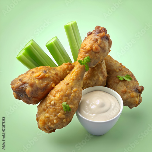 Crispy Fried Chicken Drumsticks with Ranch Dip and Celery photo