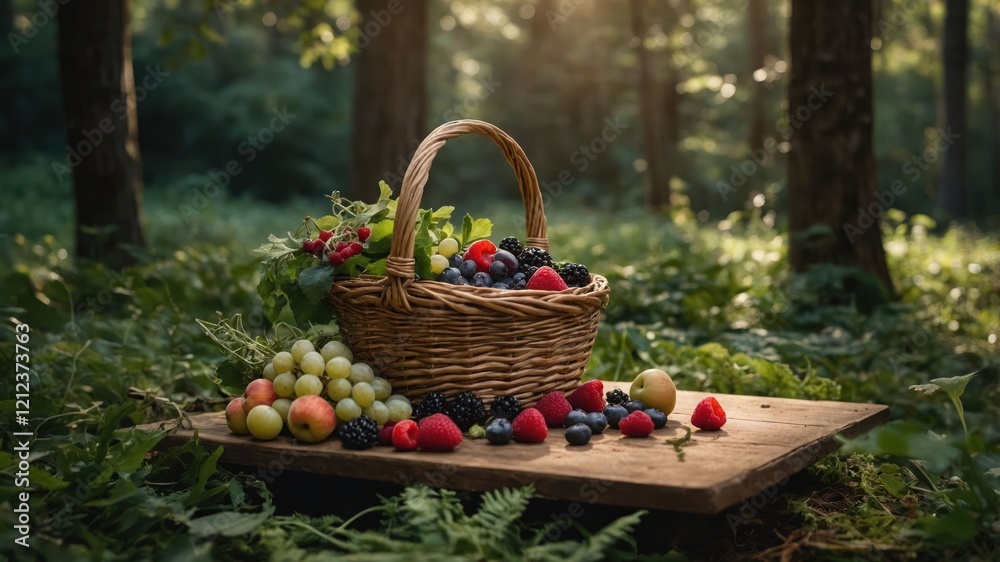 A rustic basket filled with assorted fruits placed in a serene forest setting. A rustic basket filled with assorted fruits placed in a serene forest setting.