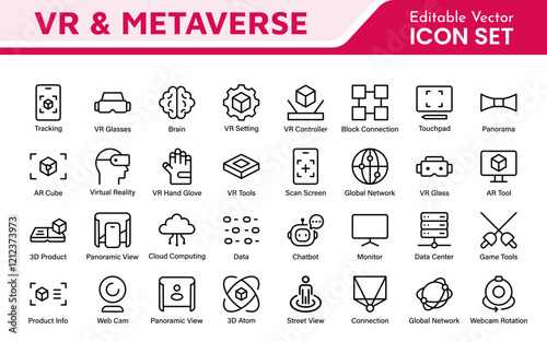 Virtual Reality and Metaverse Icon Set. A cutting-edge collection of icons designed to enhance immersive experiences, perfect for VR apps, gaming platforms, and digital worlds.