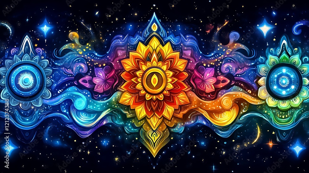 Fototapeta premium Celestial Mandala Cosmic Floral Design Illuminated