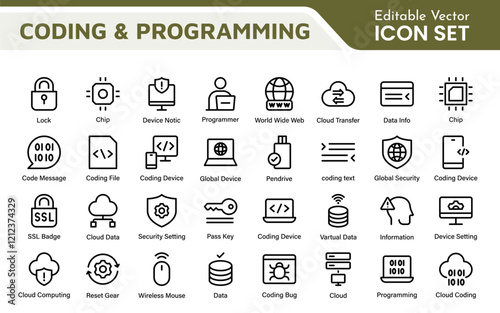 Programming coding set of web icons in line style. Software development icons for web and mobile app. Code, api, programmer, developer, information technology, coder and more.