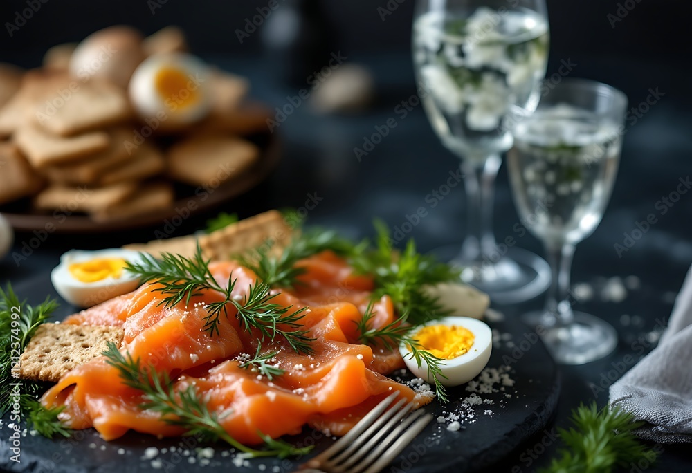 Delicious Smoked Salmon Platter with Eggs and Crackers Delicious Smoked Salmon Platter with Eggs and Crackers