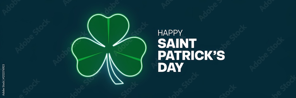 A creative minimalist Saint Patrick's Day poster design with a neon theme. There is a large, stylized shamrock with a vibrant green color. The background is dark blue. A creative minimalist Saint Patrick's Day poster design with a neon theme. There is a large, stylized shamrock with a vibrant green color. The background is dark blue.