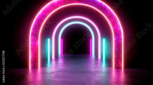Neon Archway Tunnel Glowing Pink  Purple  Cyan Lights