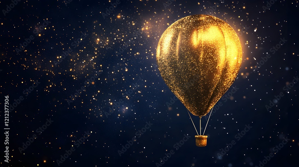 Fototapeta premium Floating golden hot air balloon starry night sky digital art cosmic environment aerial view fantasy concept
