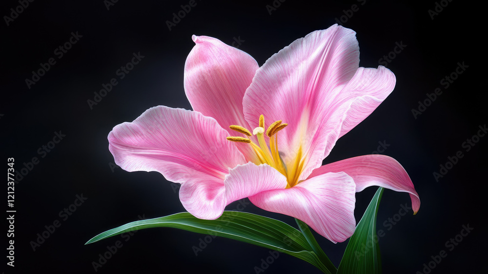 Fototapeta premium vibrant pink lily flower with delicate petals and green leaves on dark background