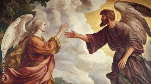 Angelic encounter with majestic clouds and dramatic sky in historical art