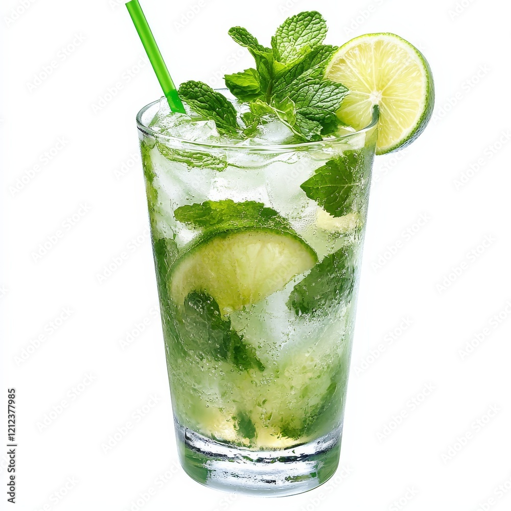 A zesty and vibrant Mojito cocktail with muddled mint leaves, lime wedges, rum A zesty and vibrant Mojito cocktail with muddled mint leaves, lime wedges, rum