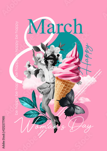 Stylish design on March 8, International Women's Day. Paper photo collage for greetings, postcards or posters. Beautiful woman, flowers, leaves, ice cream, butterfly. Modern spring template.