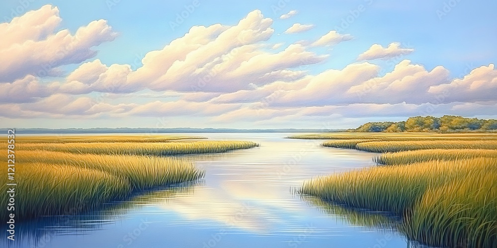 Obraz premium A serene watercolor depiction of a marsh landscape.