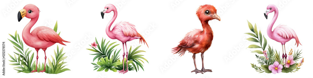 Obraz premium cute tiny animal and clipart concept. Four colorful flamingos surrounded by lush greenery on a white background. on Transparent background.