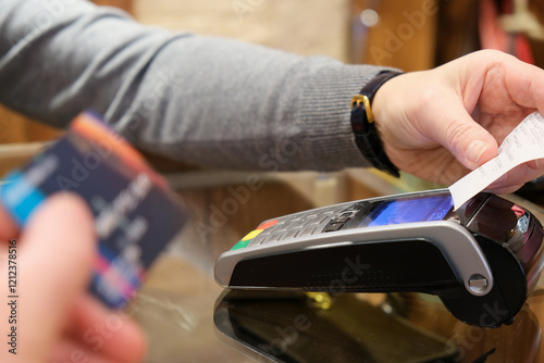 A man is making a payment using his card at a point of sale terminal in a store