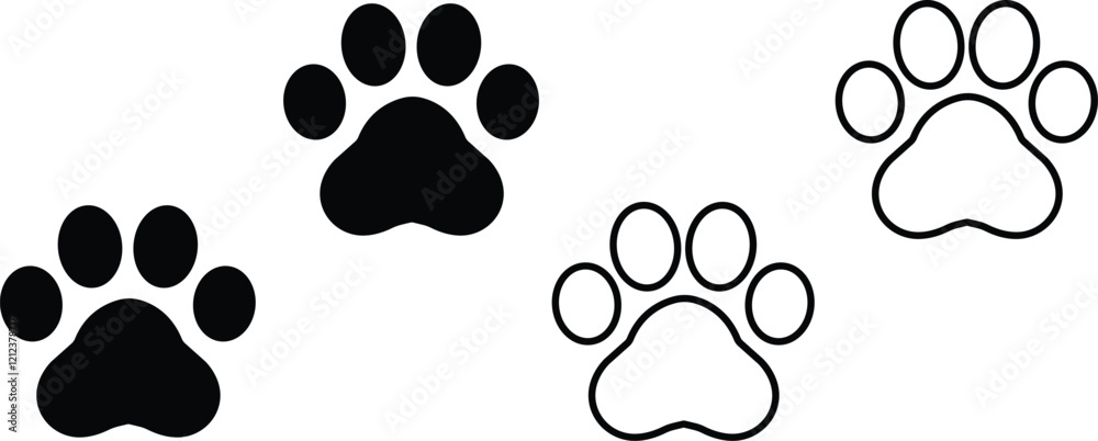 Fototapeta premium Cat paw print design flat and line icon set. Black vector collection isolated on transparent background. Footprint pet step symbol for animal zoo, vet logo element apps and websites.