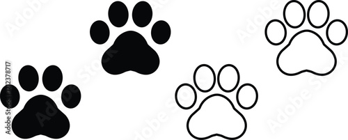 Cat paw print design flat and line icon set. Black vector collection isolated on transparent background. Footprint pet step symbol for animal zoo, vet logo element apps and websites.