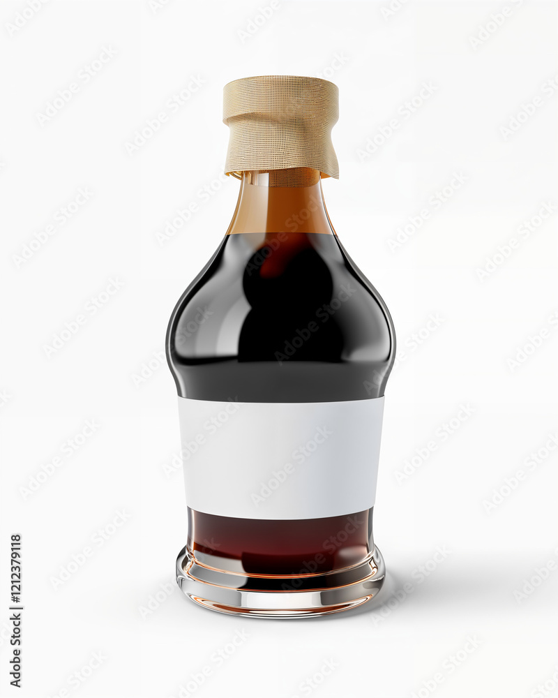 Glass bottle of dark liquid with cork stopper and blank label on white background Glass bottle of dark liquid with cork stopper and blank label on white background
