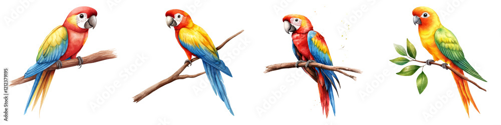 cute tiny animal and clipart concept. Colorful parrots perched on branches, displaying vibrant plumage against a dark backdrop. on Transparent background.