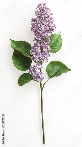 A single lilac stem on a white background, minimalist and elegant with fine details in the flowers and leaves. Vertical illustration 