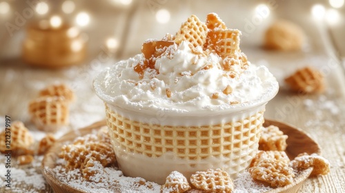 Whipped cream dessert, waffle crumbs, festive lights, wooden table, holiday treat photo