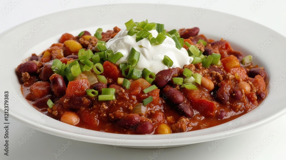 A plate of hearty vegetarian chili served with a dollop of sour cream and chopped green onions, Each spoonful filled with beans, vegetables A plate of hearty vegetarian chili served with a dollop of sour cream and chopped green onions, Each spoonful filled with beans, vegetables