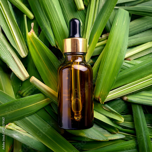 Cymbopogon citratus lemongrass oil essential, Amber glass bottle pipette gold on top of lemongrass background, aromatherapy, aromaterapia, óleo essencial capim limão photo