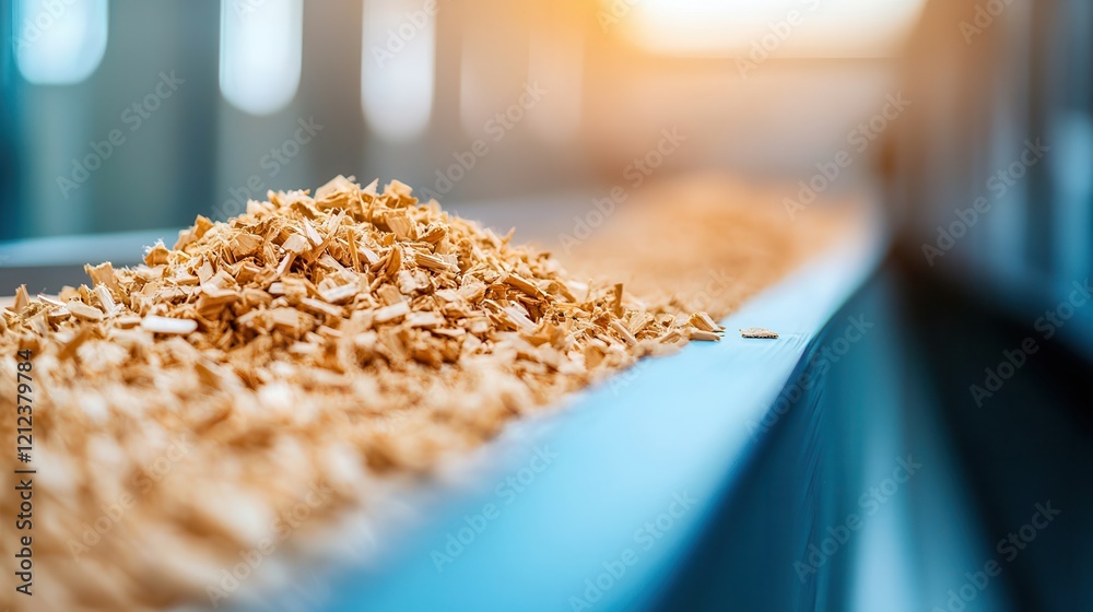Waste management: Recycling innovation for a zero-waste future Wood shavings on a conveyor belt in a bright, industrial setting. Waste management: Recycling innovation for a zero-waste future Wood shavings on a conveyor belt in a bright, industrial setting.