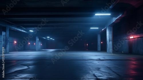 Dark Underground Parking Lot at Night with Wet Surface