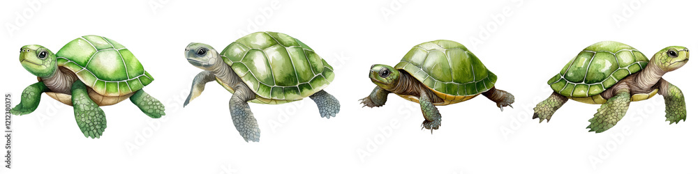Fototapeta premium cute tiny animal and clipart concept. Four colorful turtles depicted in different poses against a white background. on Transparent background.