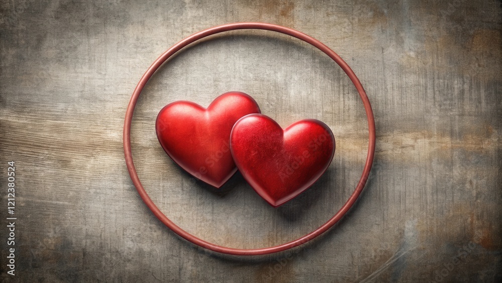 Two red hearts united in a single circle with subtle texture and shading effects , unity, bond, unity, bond Two red hearts united in a single circle with subtle texture and shading effects , unity, bond, unity, bond