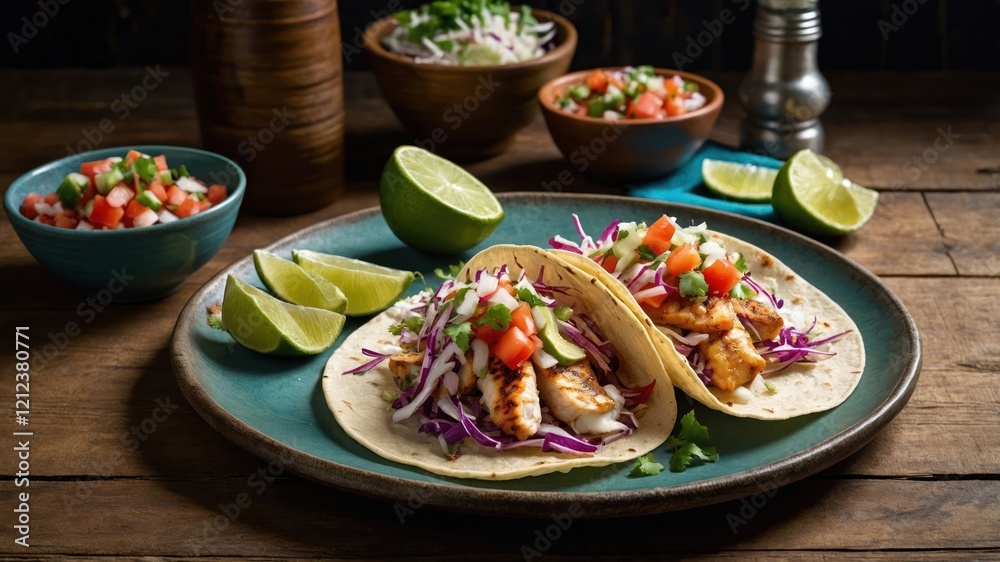Two fish tacos with toppings, served with lime and salsa on a wooden table. Two fish tacos with toppings, served with lime and salsa on a wooden table.