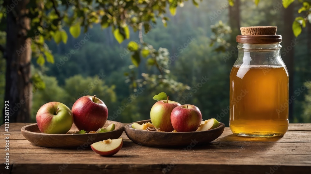 A rustic scene featuring apples and a jar of apple juice, set in a natural environment. A rustic scene featuring apples and a jar of apple juice, set in a natural environment.