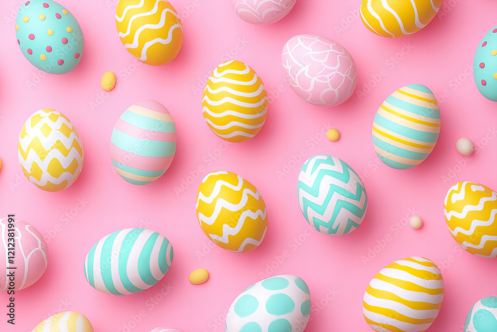 Fototapeta premium Vibrant Polka Dot Easter Eggs on Colorful Pink Background for Holiday Decoration, Spring Crafts, and Festive Celebrations